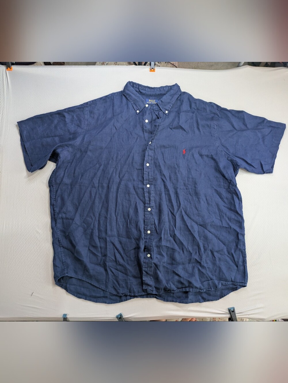 Polo Ralph Lauren Mens 3XB Big Navy Blue Linen Short Sleeve Button Down Shirt